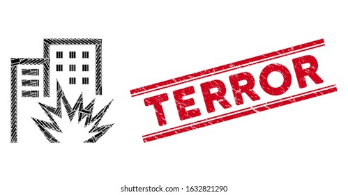 Mosaic house terror icon and red Terror stamp between double parallel lines. Flat vector house terror mosaic icon of random rotated rectangle elements. Red Terror stamp with scratched surface.