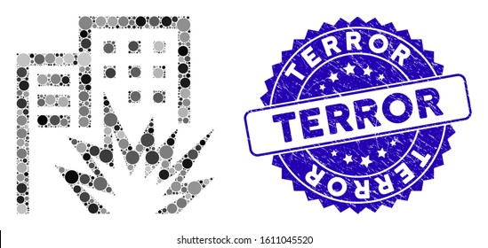 Mosaic house terror icon and rubber stamp watermark with Terror caption. Mosaic vector is designed with house terror pictogram and with randomized circle spots. Terror stamp uses blue color,
