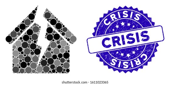 Mosaic housing crisis icon and rubber stamp watermark with Crisis text. Mosaic vector is created from housing crisis icon and with random spheric elements. Crisis stamp uses blue color,