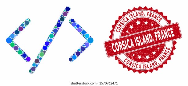 Mosaic HTML code and grunge stamp seal with Corsica Island, France text. Mosaic vector is designed with HTML code icon and with randomized round items. Corsica Island, France seal uses red color,