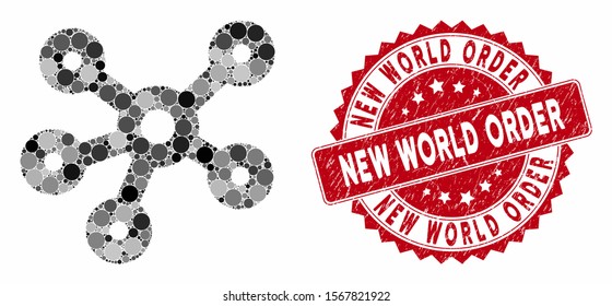 Mosaic hub links and distressed stamp seal with New World Order caption. Mosaic vector is composed with hub links icon and with random round spots. New World Order stamp seal uses red color,