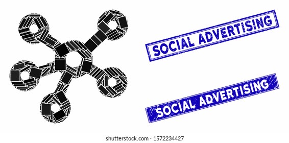 Mosaic hub links pictogram and rectangular Social Advertising seals. Flat vector hub links mosaic pictogram of randomized rotated rectangular items.