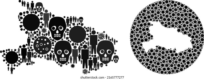 Mosaic Hubei Province map designed from flu virus items and humans and mortal items. Flu virus Hubei Province map collage designed with sphere and subtracted shape.