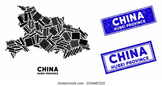 Mosaic Hubei Province map and rectangular seal stamps. Flat vector Hubei Province map mosaic of randomized rotated rectangular items. Blue caption seal stamps with grunged texture.