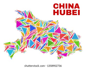 Mosaic Hubei Province map of triangles in bright colors isolated on a white background. Triangular collage in shape of Hubei Province map. Abstract design for patriotic illustrations.