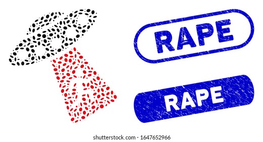 Mosaic human abduction UFO and distressed stamp seals with Rape caption. Mosaic vector human abduction UFO is composed with random ellipse items. Rape seals use blue color,