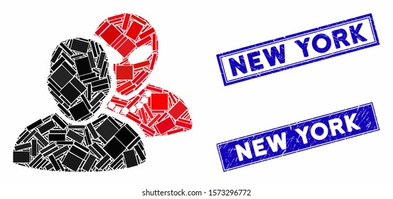 Mosaic human alien contacts pictogram and rectangle New York stamps. Flat vector human alien contacts mosaic pictogram of scattered rotated rectangle items.