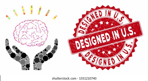 Mosaic human brain knowledge and distressed stamp seal with Designed in U.S. phrase. Mosaic vector is designed with human brain knowledge icon and with randomized spheric spots. Designed in U.S.