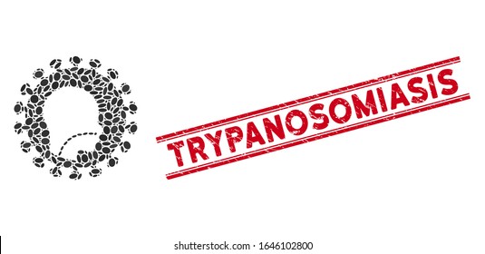 Mosaic human flu virus icon and corroded stamp seal with red Trypanosomiasis caption between double parallel lines. Mosaic vector is formed with human flu virus icon and with random elliptic elements.