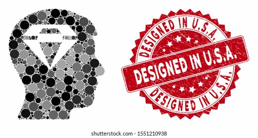 Mosaic human head with diamond and grunge stamp seal with Designed in U.S.A. caption. Mosaic vector is composed with human head with diamond icon and with random round elements. Designed in U.S.A.