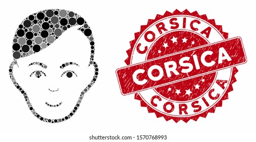 Mosaic human head and distressed stamp seal with Corsica text. Mosaic vector is formed with human head icon and with scattered spheric spots. Corsica stamp seal uses red color, and scratched texture.