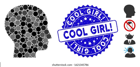 Mosaic human head icon and distressed stamp seal with Cool Girl! text. Mosaic vector is formed with human head pictogram and with randomized circle items. Cool Girl! stamp seal uses blue color,