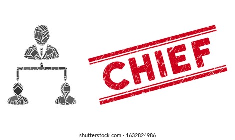 Mosaic human hierarchy icon and red Chief stamp between double parallel lines. Flat vector human hierarchy mosaic icon of randomized rotated rectangular items.