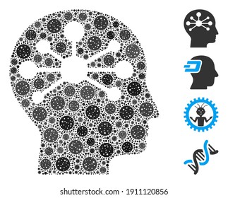 Mosaic human intellect composed of covid-2019 virus elements in various sizes and color hues. Vector pathogen elements are composed into abstract mosaic human intellect icon.