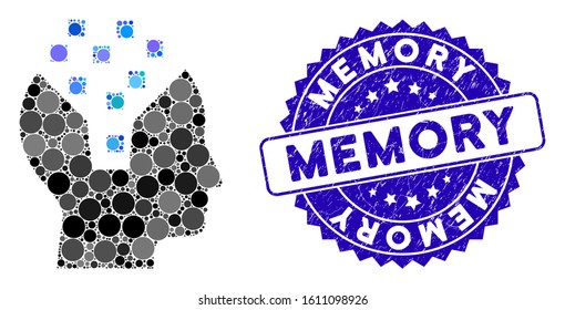 Mosaic human memory icon and rubber stamp seal with Memory text. Mosaic vector is formed from human memory icon and with randomized circle elements. Memory stamp seal uses blue color,