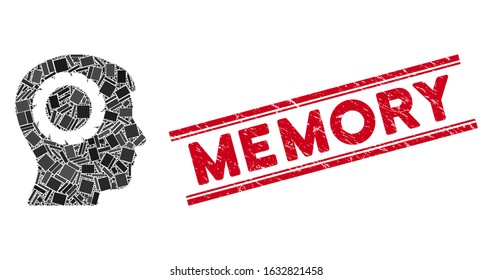 Mosaic human memory wheel pictogram and red Memory stamp between double parallel lines. Flat vector human memory wheel mosaic pictogram of random rotated rectangular elements.