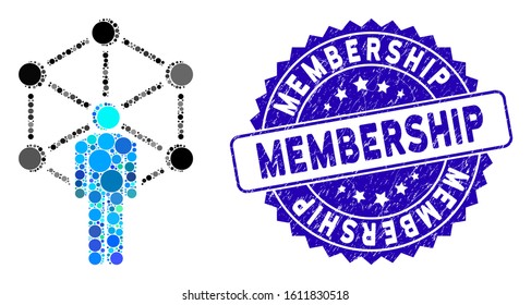 Mosaic human network icon and corroded stamp seal with Membership caption. Mosaic vector is created with human network pictogram and with random circle elements. Membership stamp seal uses blue color,