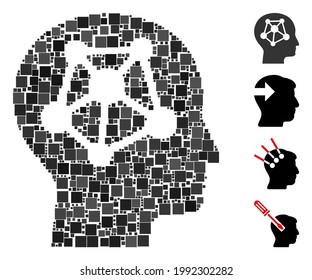 Mosaic Human neural network icon designed from square items in variable sizes and color hues. Vector square items are organized into abstract mosaic human neural network icon. Bonus icons are added.