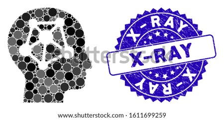 Mosaic human neural network icon and grunge stamp seal with X-Ray text. Mosaic vector is designed with human neural network icon and with scattered round elements. X-Ray stamp uses blue color,