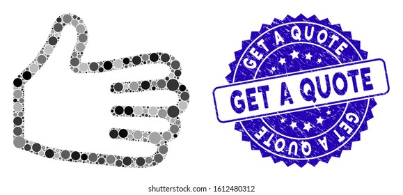 Mosaic human palm icon and rubber stamp seal with Get a Quote text. Mosaic vector is formed with human palm icon and with scattered spheric spots. Get a Quote stamp seal uses blue color,