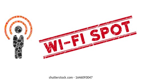 Mosaic human radio source pictogram and red Wi-Fi Spot seal stamp between double parallel lines. Flat vector human radio source mosaic pictogram of scattered rotated rectangular items.