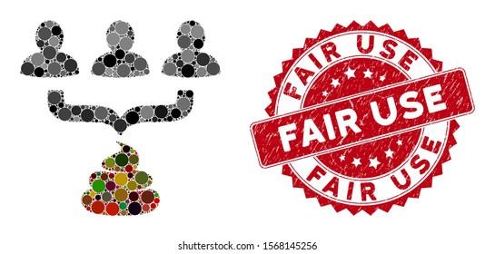 Mosaic human shit aggregator funnel and distressed stamp seal with Fair Use caption. Mosaic vector is composed with human shit aggregator funnel icon and with randomized circle spots.