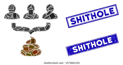 Mosaic human shit aggregator funnel icon and rectangle Shithole seals. Flat vector human shit aggregator funnel mosaic icon of random rotated rectangle items.