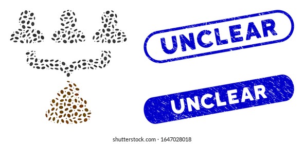 Embudo de agregador de basura y marcas de agua de goma con subtítulos Unclear. El embudo de agregador de excrementos humanos vector mosaico está diseñado con elementos elipses aleatorios.