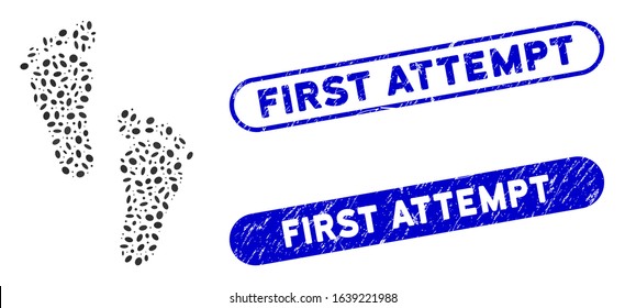 Mosaic human steps and distressed stamp seals with First Attempt text. Mosaic vector human steps is composed with random oval dots. First Attempt stamp seals use blue color,