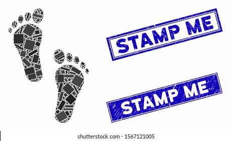 Mosaic human steps pictogram and rectangle stamps. Flat vector human steps mosaic pictogram of scattered rotated rectangle elements. Blue caption rubber stamps with rubber texture.