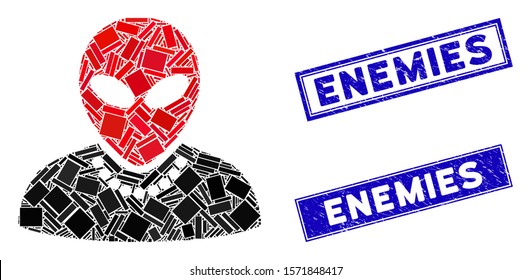 Mosaic humanoid pictogram and rectangle Enemies watermarks. Flat vector humanoid mosaic pictogram of randomized rotated rectangle elements. Blue Enemies watermarks with distress textures.