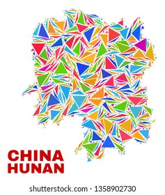 Mosaic Hunan Province map of triangles in bright colors isolated on a white background. Triangular collage in shape of Hunan Province map. Abstract design for patriotic purposes.