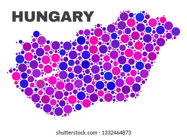 Mosaic Hungary map isolated on a white background. Vector geographic abstraction in pink and violet colors. Mosaic of Hungary map combined of scattered round elements.
