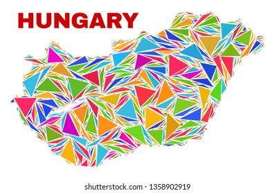 Mosaic Hungary map of triangles in bright colors isolated on a white background. Triangular collage in shape of Hungary map. Abstract design for patriotic decoration.