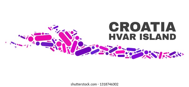 Mosaic Hvar Island map isolated on a white background. Vector geographic abstraction in pink and violet colors. Mosaic of Hvar Island map combined of scattered round dots and lines.