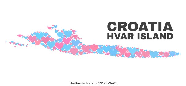 Mosaic Hvar Island map of lovely hearts in pink and blue colors isolated on a white background. Lovely heart collage in shape of Hvar Island map. Abstract design for Valentine illustrations.