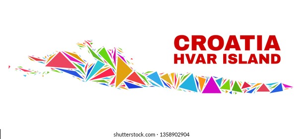 Mosaic Hvar Island map of triangles in bright colors isolated on a white background. Triangular collage in shape of Hvar Island map. Abstract design for patriotic illustrations.