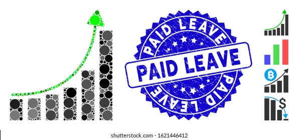 Mosaic hyip bar chart icon and grunge stamp seal with Paid Leave phrase. Mosaic vector is composed from hyip bar chart icon and with randomized round elements. Paid Leave stamp seal uses blue color,