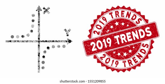 Mosaic hyperbola plot and corroded stamp seal with 2019 Trends text. Mosaic vector is designed with hyperbola plot icon and with random round spots. 2019 Trends seal uses red color,