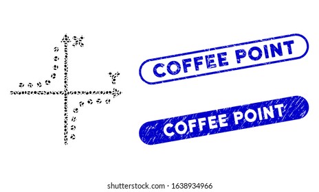 Mosaic hyperbola plot and corroded stamp seals with Coffee Point text. Mosaic vector hyperbola plot is designed with scattered ellipse items. Coffee Point stamp seals use blue color,