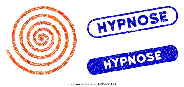 Mosaic hypnosis and corroded stamp watermarks with Hypnose caption. Mosaic vector hypnosis is formed with random rectangle items. Hypnose seals use blue color, and have round rectangle shape.