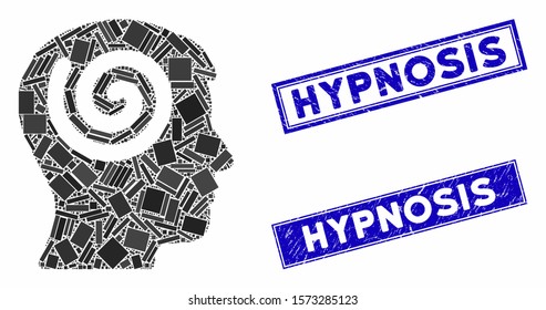 Mosaic hypnosis pictogram and rectangle Hypnosis seal stamps. Flat vector hypnosis mosaic pictogram of randomized rotated rectangle elements. Blue Hypnosis rubber stamps with dirty texture.