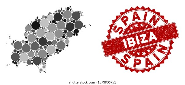 Mosaic Ibiza Island map and circle seal stamp. Flat vector Ibiza Island map mosaic of randomized circle items. Red stamp with scratched style. Designed for political and patriotic agitation.