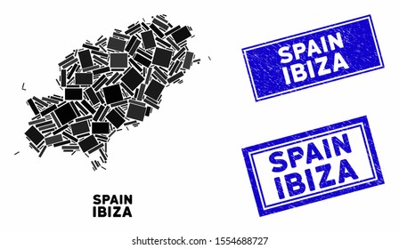 Mosaic Ibiza Island map and rectangle seal stamps. Flat vector Ibiza Island map mosaic of scattered rotated rectangular elements. Blue caption seal stamps with distress surface.