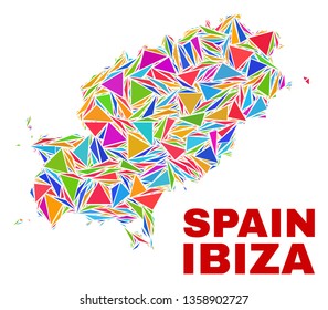 Mosaic Ibiza Island map of triangles in bright colors isolated on a white background. Triangular collage in shape of Ibiza Island map. Abstract design for patriotic purposes.