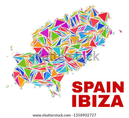 Mosaic Ibiza Island map of triangles in bright colors isolated on a white background. Triangular collage in shape of Ibiza Island map. Abstract design for patriotic purposes.
