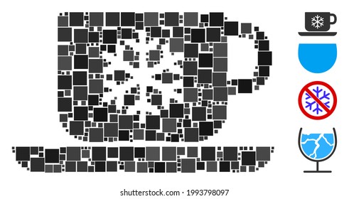 Mosaic Ice coffee icon composed of square items in random sizes and color hues. Vector square items are grouped into abstract mosaic ice coffee icon. Bonus pictograms are placed.