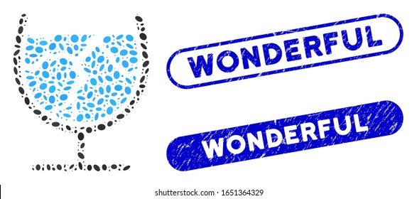 Mosaic ice drink and distressed stamp seals with Wonderful text. Mosaic vector ice drink is formed with random elliptic dots. Wonderful stamp seals use blue color, and have round rectangle shape.