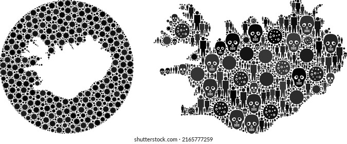 Mosaic Iceland map constructed from virus elements and men and dead head elements. Infection virus Iceland map mosaic created with circle and hole. Mosaics designed for clinic promotion.