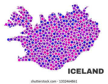 Mosaic Iceland map isolated on a white background. Vector geographic abstraction in pink and violet colors. Mosaic of Iceland map combined of random spheric points.